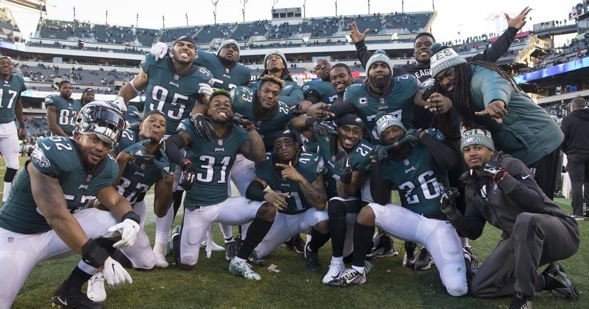 A partial-team photo of the 2017 Philadelphia Eagles. The players are obviously having fun.