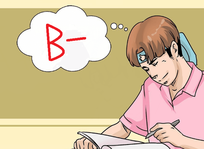 A cartoon picture of a student writing in a notebook. A large thought bubble hovers in front of his head saying "B-" in bold red letters.