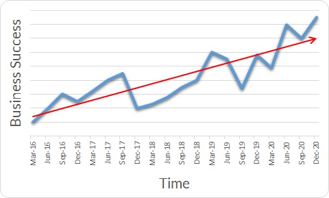 Chart of business growth representing the entrepreneurial journey showing a 8.5x increase over five years but with quite a bit of volatility along the way. The Y axis is titled "Business Growth" and the X axis is titled "Time". X runs from the beginning of 2016 until the end of 2020. The Y axis isn't measured; the chart is just an example.