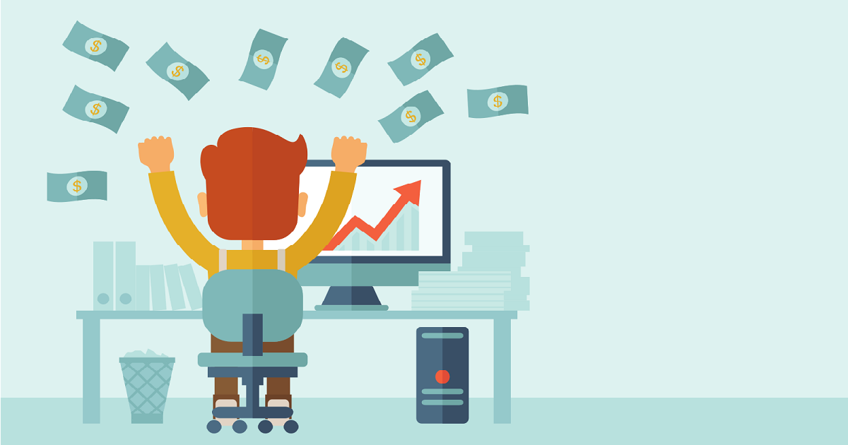 Cartoon-style graphic of an employee, sitting in front of his desk. His arms are raised triumphantly in the air and there is money showering down around him. In this context, this is a well paid employee!