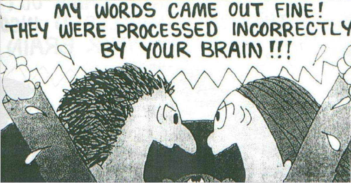 A cartoon of two figures shouting at each other and waving their arms, clearly very angry. The thought bubble over both of their heads reads, "MY WORDS CAME OUT FINE! THEY WERE PROCESSED INCORRECTLY BY YOUR BRAIN!!!"