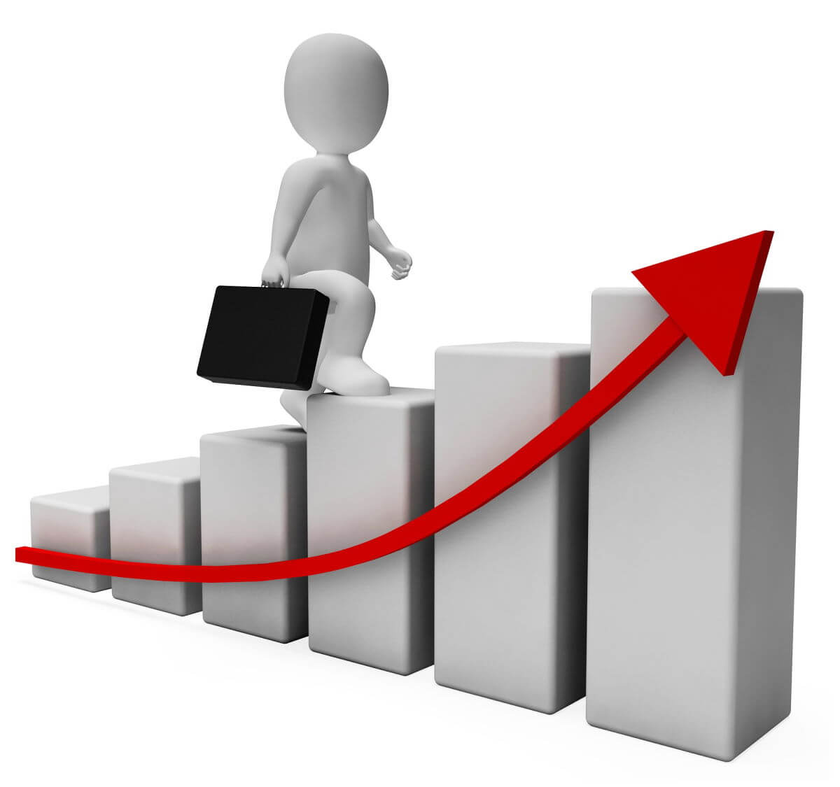 A bar chart that is growing steadily up and to the right. There's a cartoon man carrying a briefcase climbing the bars like stairs. There is a red trendline showing the growth curve across the bars. This image is to represent the challenges of scalability.